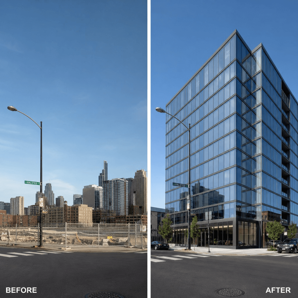 Urban development project before-and-after: left shows cleared lot with chain-link fence, right shows completed modern g