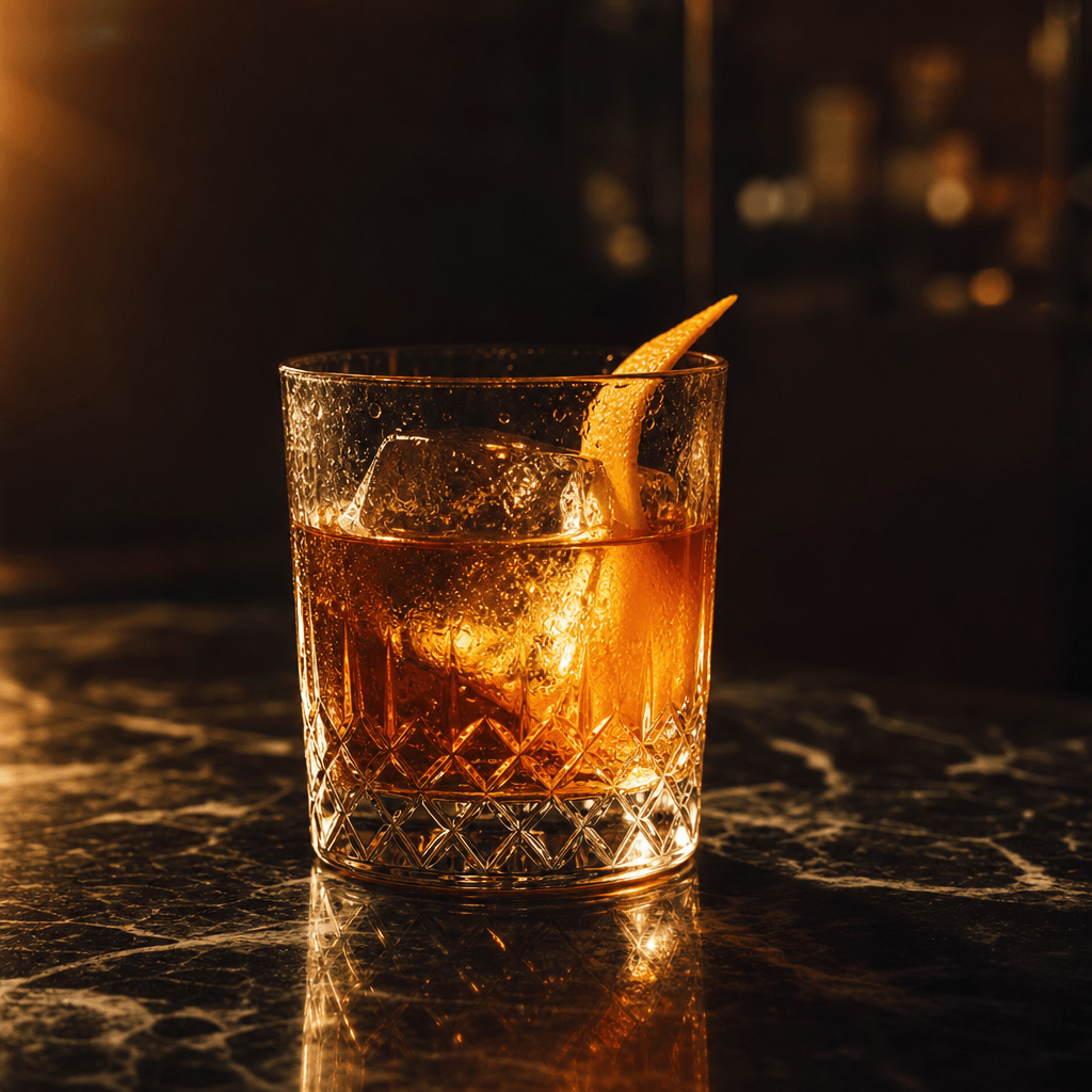 Craft cocktail on a dark polished marble bar top. Deep amber liquid in a crystal rocks glass, backlit with warm directio
