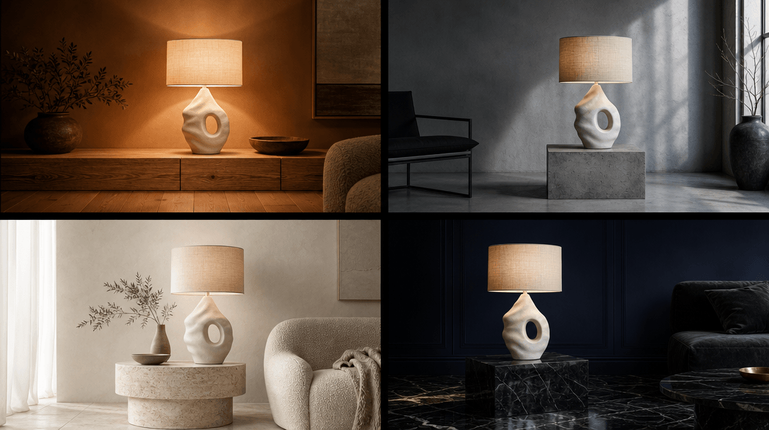 Overhead flat-lay showing the same sculptural ceramic table lamp placed into four distinct room-context vignettes arrang