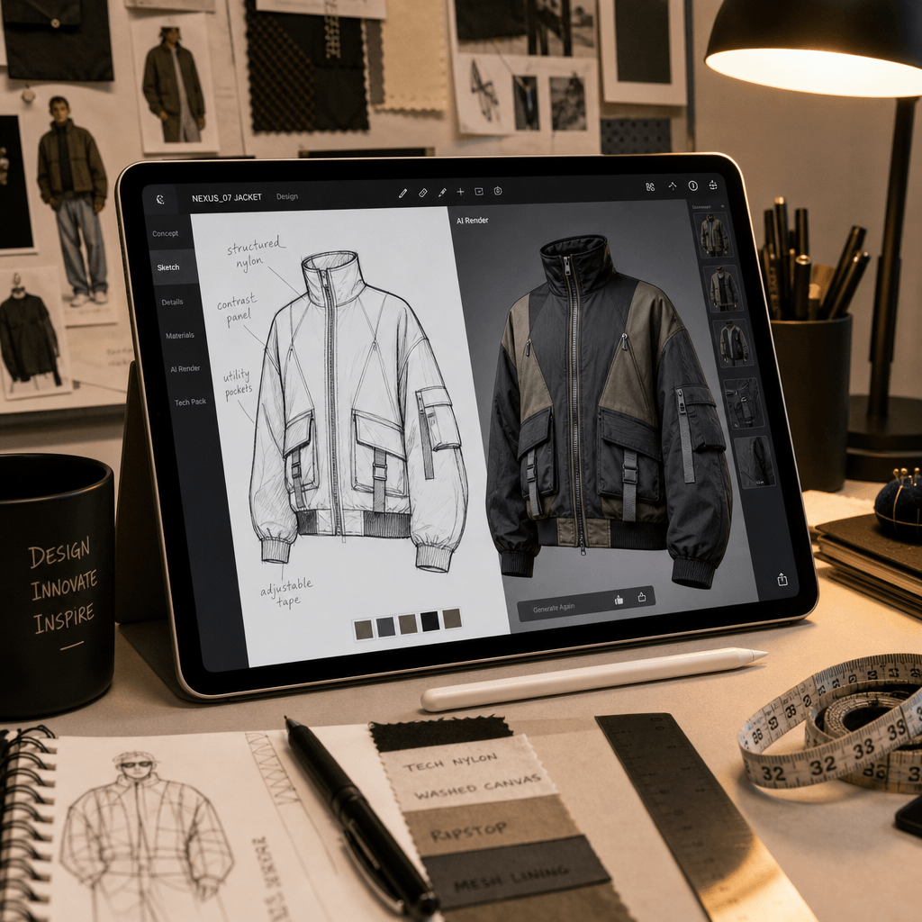 Fashion designer's tablet showing a sketched jacket design with AI rendering preview beside it. Modern workspace, warm d