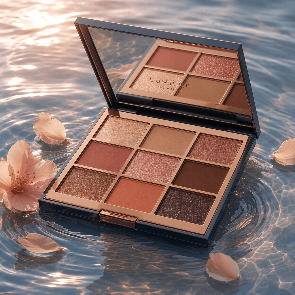 A makeup palette elegantly displayed on a water surface with delicate ripples, creating an enticing visual that emphasiz