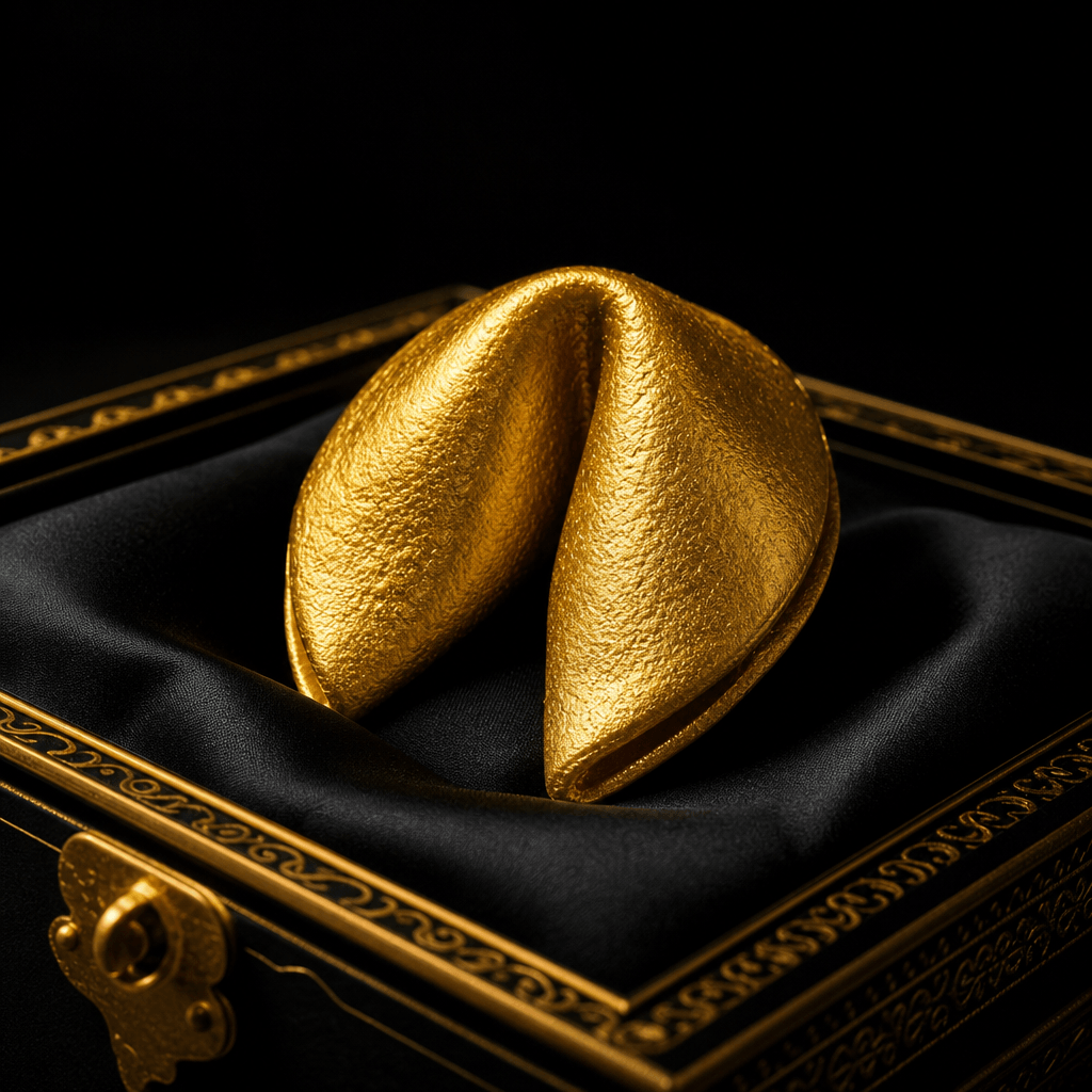 Golden fortune cookie in dramatic lighting, dark background, luxury presentation, detailed texture.