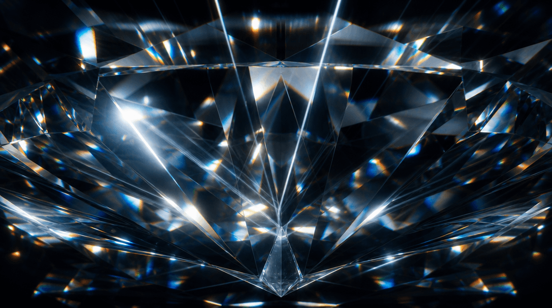 Abstract extreme macro study of a brilliant-cut diamond interior: dozens of internal light reflections and prismatic ref