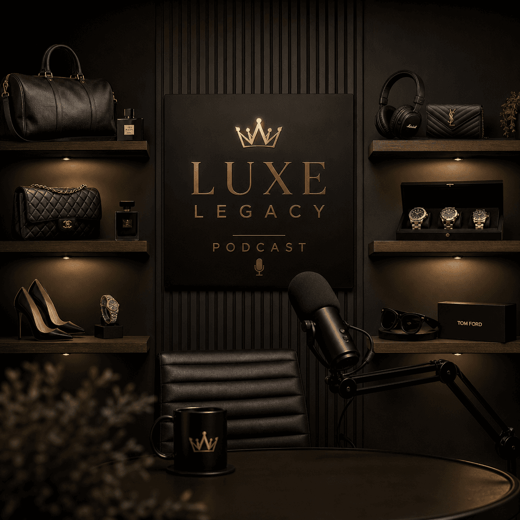 Podcast studio with multiple luxury products on floating shelves, professional key lighting, deep shadows, high-end prod