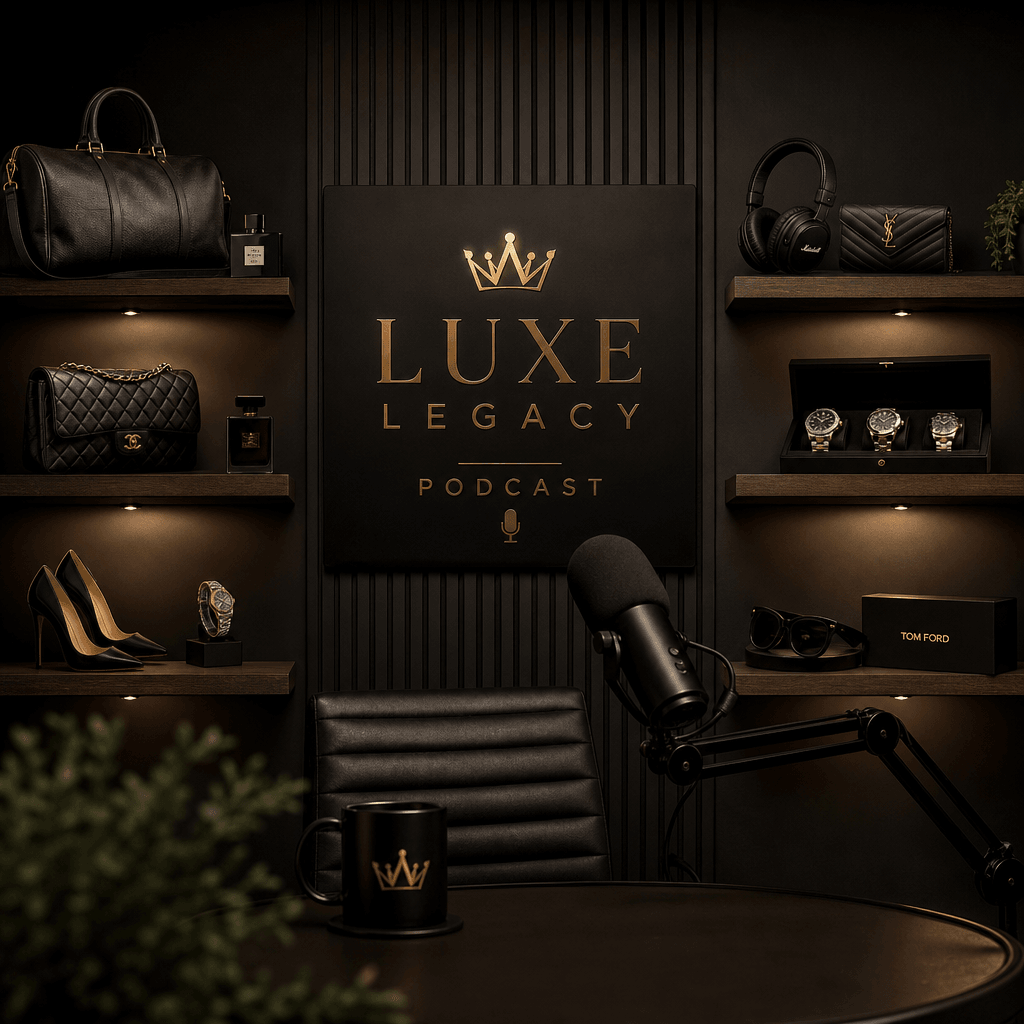 Podcast studio with multiple luxury products on floating shelves, professional key lighting, deep shadows, high-end prod