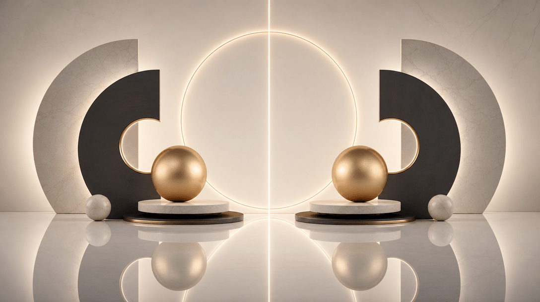 Consistency visualization abstract scene. Twin or mirrored elements reflecting perfectly, color palette unified, proport