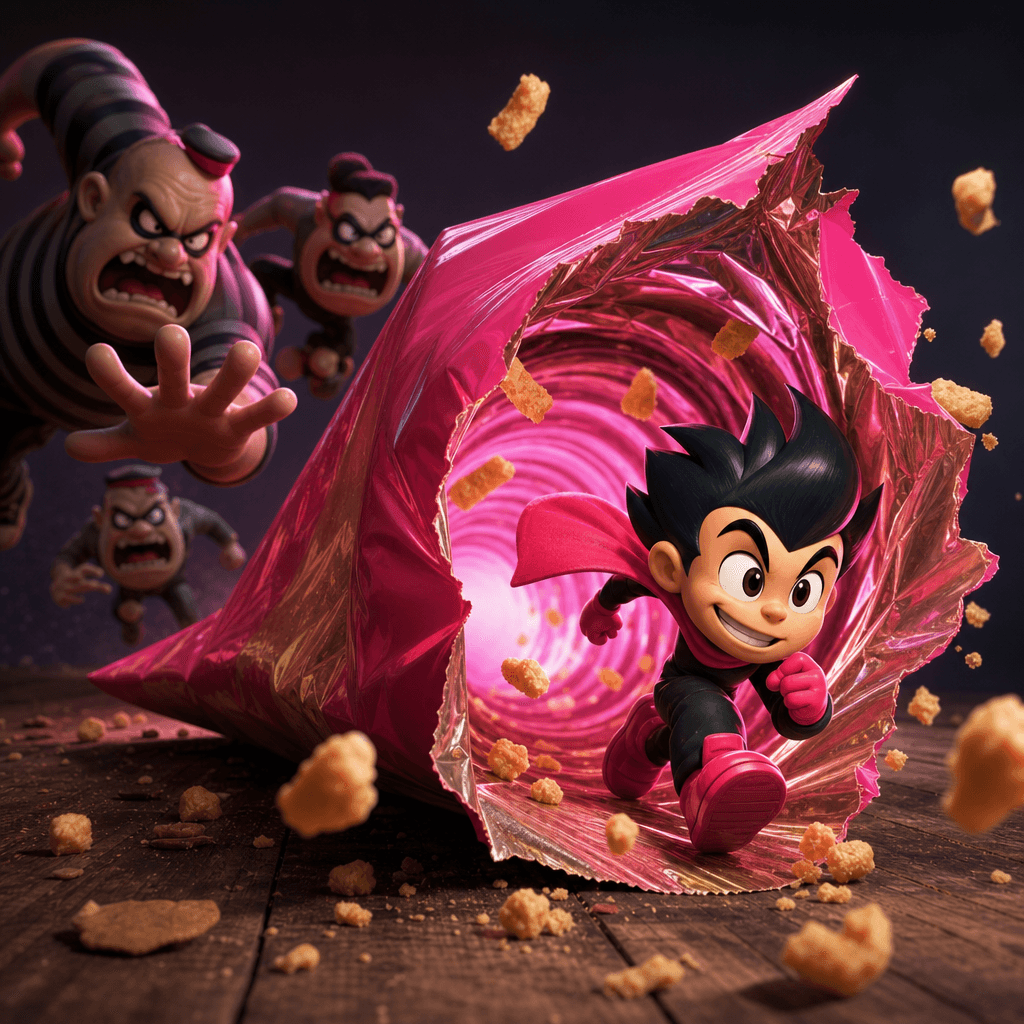 A bright snack package opens into a whimsical tunnel that gives a stylized animated hero an escape route from comic purs