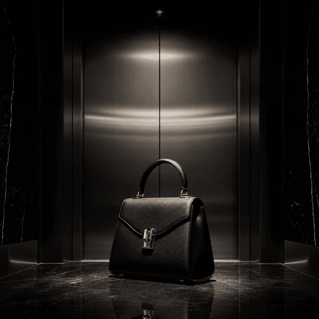 Luxury structured handbag resting on a reflective elevator floor, brushed stainless steel doors visible behind it, drama