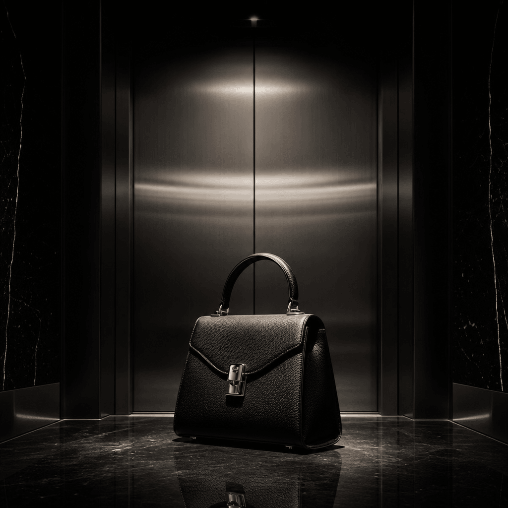 Luxury structured handbag resting on a reflective elevator floor, brushed stainless steel doors visible behind it, drama