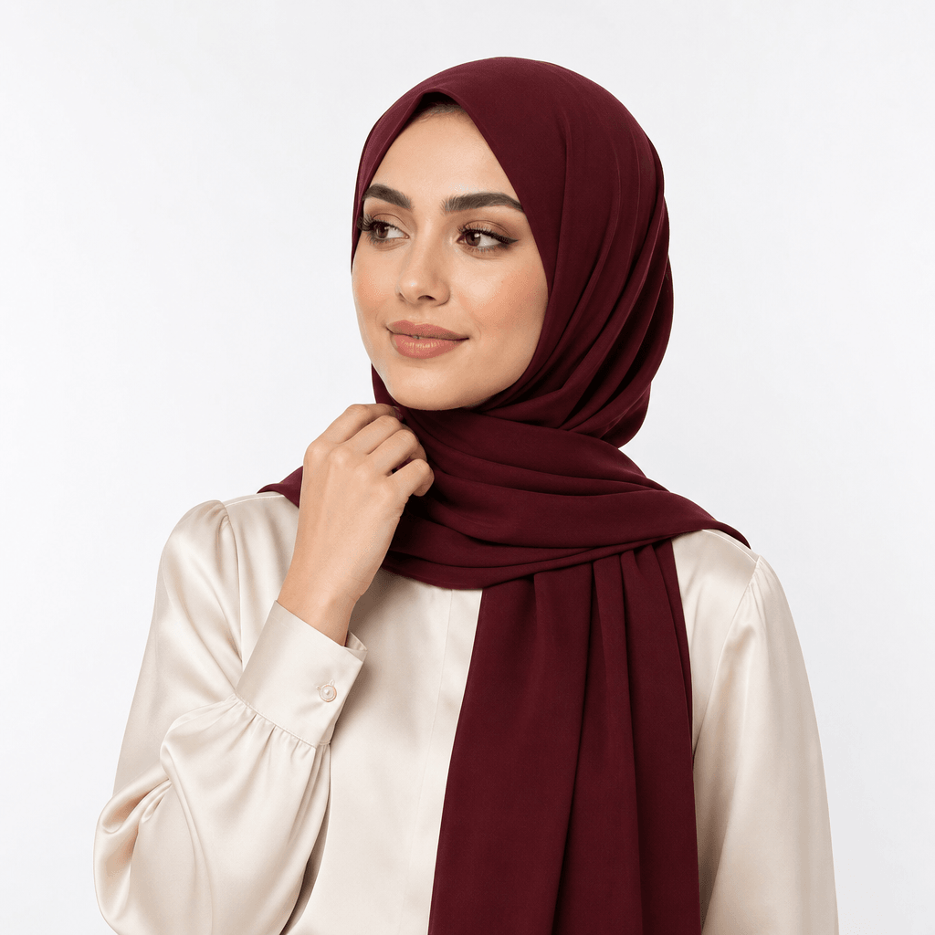 Modest fashion portrait showing woman in burgundy hijab paired with cream silk blouse, studio lighting highlighting fabr