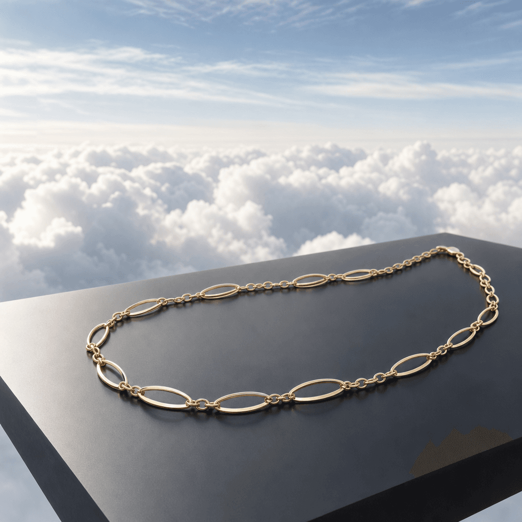 Editorial product shot: a fine gold jewelry necklace draped on a minimal dark surface floating above white cumulus cloud