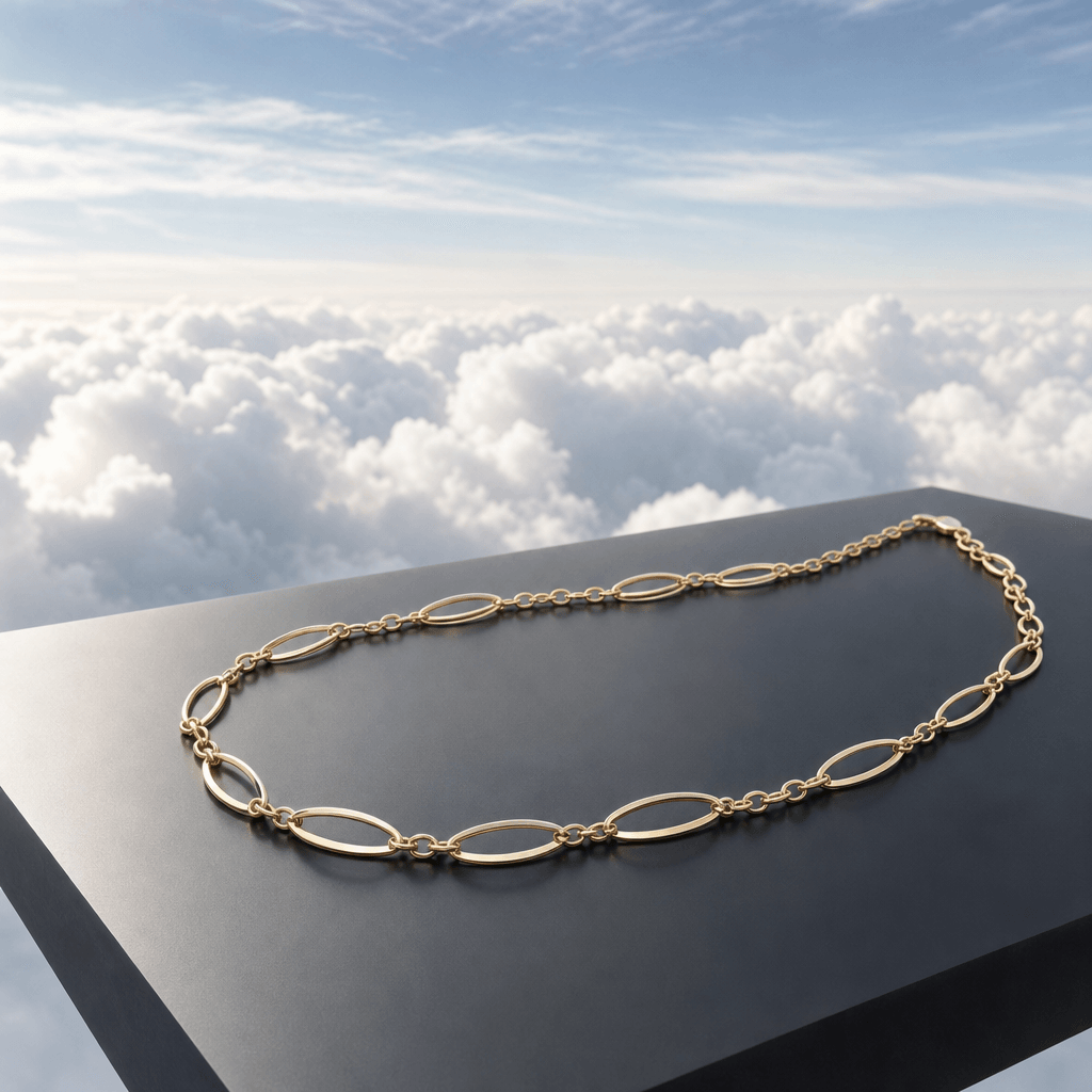 Editorial product shot: a fine gold jewelry necklace draped on a minimal dark surface floating above white cumulus cloud