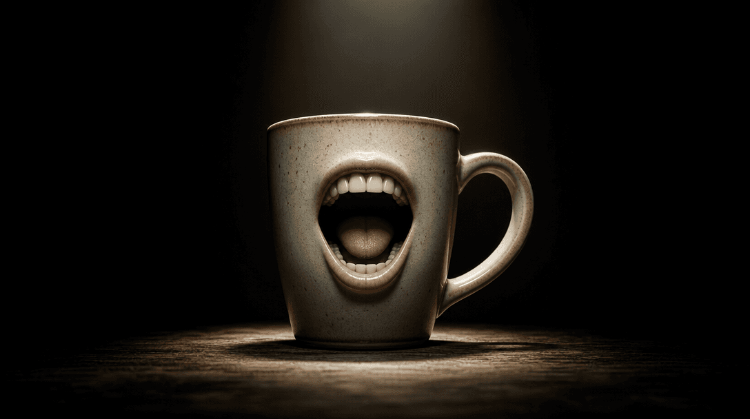 A ceramic coffee mug caught mid-speech in a cinematic wide editorial frame, animated mouth at peak open expression, dram