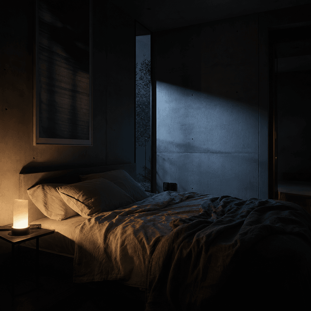 A minimalist bedroom interior at blue hour. Soft warm side-lamp glow falls across rumpled linen bedding. Cool moonlight