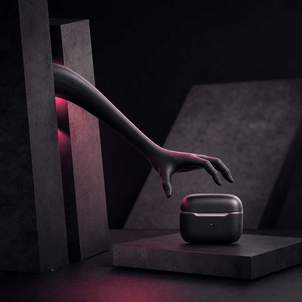 A premium wireless headphone case centered on a matte obsidian platform as a surreal elastic arm snakes between geometri