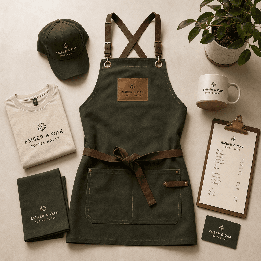 Café apron and accessories set arranged artfully, professional product photography, branding showcase, studio lighting