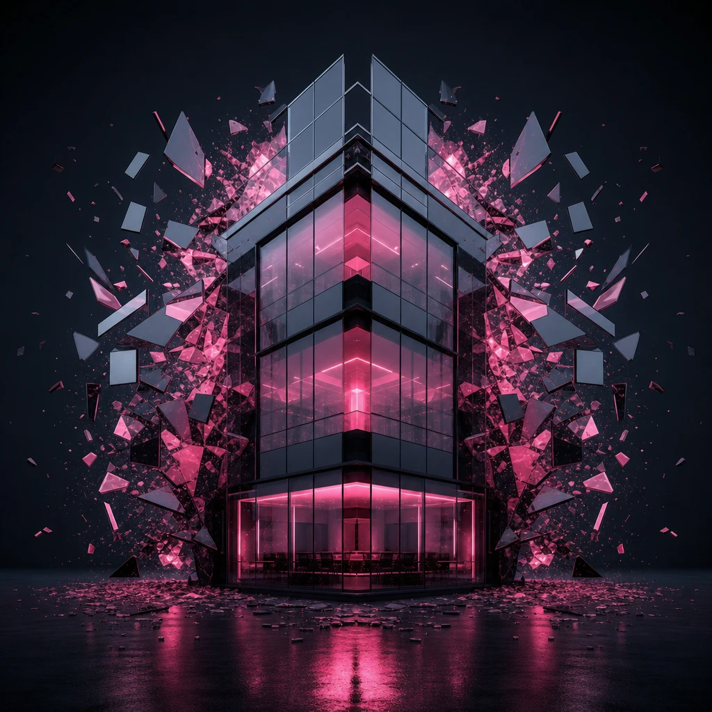 Modern glass building breaking apart symmetrically, clean geometric shapes scattering, hot pink accent lighting, dark st