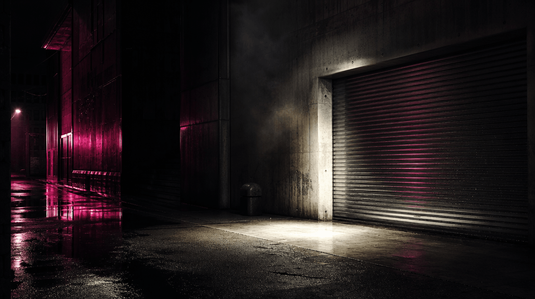 An empty cinematic street-style set at night with wet asphalt, concrete walls, metal shutters, and a single pool of stud
