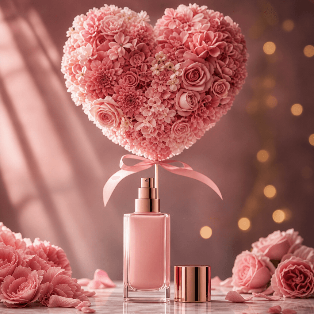 Luxury cosmetic product with floral heart balloon, romantic lighting, editorial style photography, no text, professional