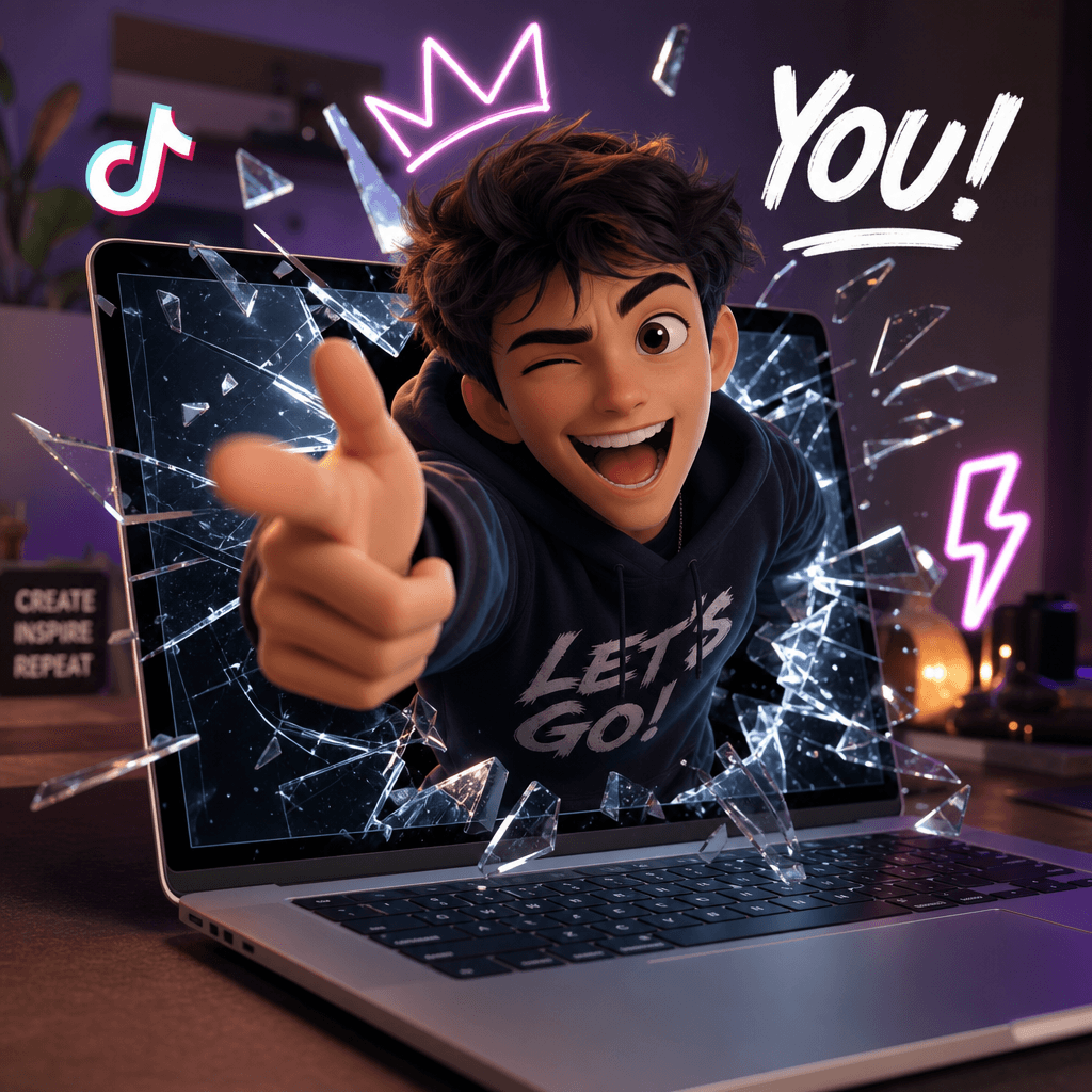 Character exiting laptop monitor screen with playful expression, screen-break effect visible, dynamic energy, viral TikT