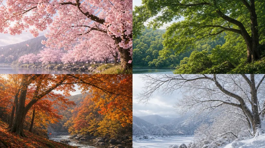 Four landscape quadrants in soft editorial arrangement — top-left cherry blossom pink spring, top-right dense green summ