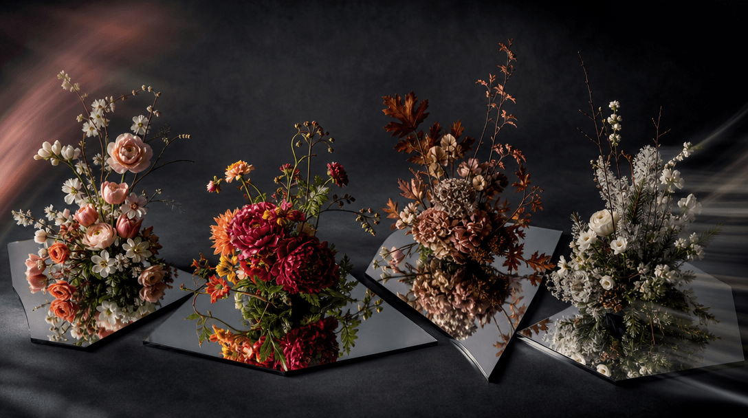 Four distinct floral arrangements arranged across fragmented mirror panels on a deep charcoal surface, each reflection r