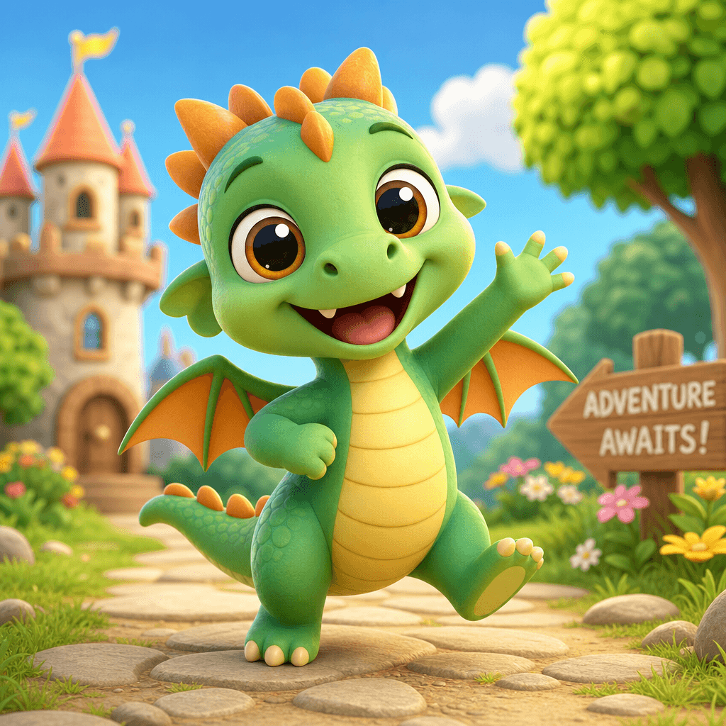A cute, whimsical 3D cartoon character with big expressive eyes, friendly proportions, and playful pose. Soft studio lig