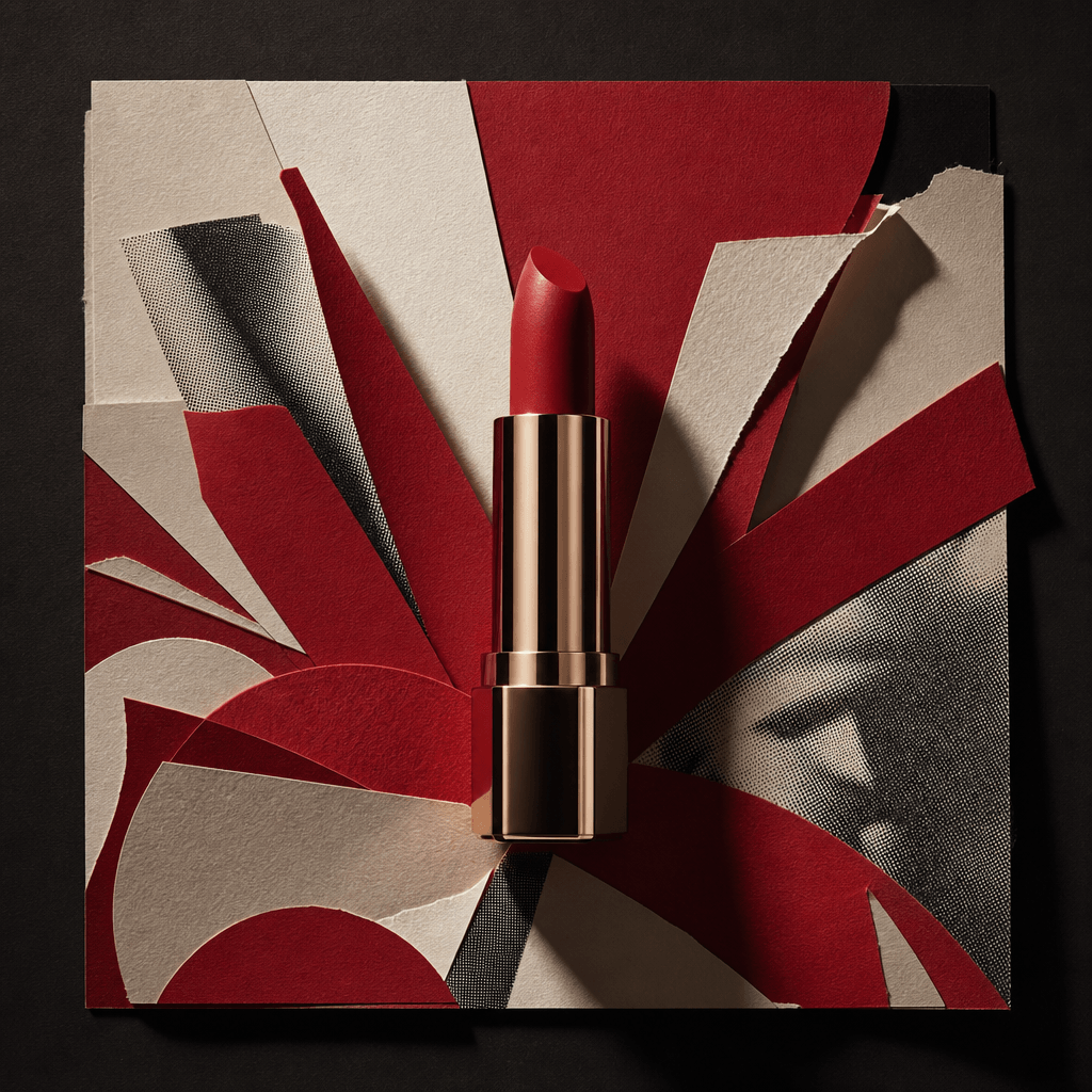 A sculptural lipstick tube centered in a square paper collage, crimson and soft off-white cut shapes radiating around po