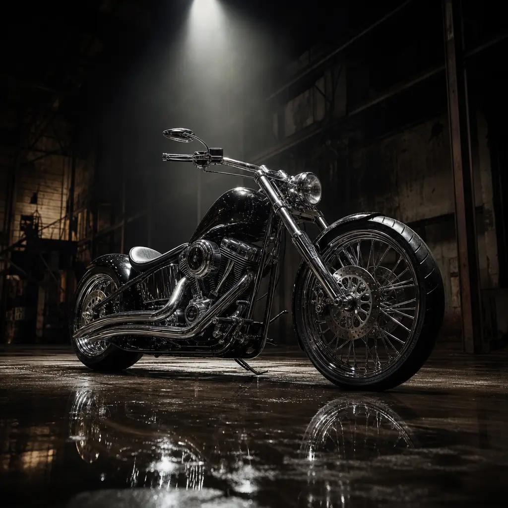 Editorial automotive square image: chrome motorcycle parked on a wet concrete surface inside a dark industrial warehouse