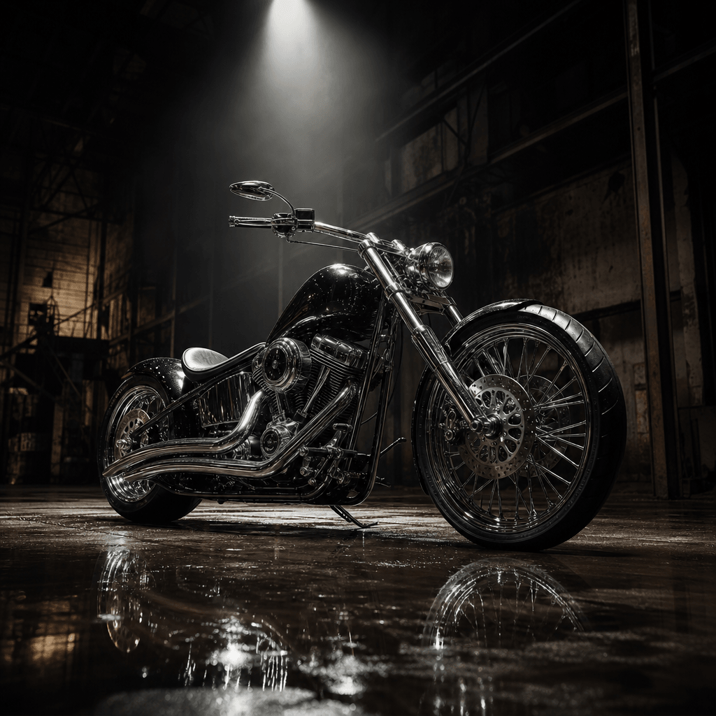 Editorial automotive square image: chrome motorcycle parked on a wet concrete surface inside a dark industrial warehouse