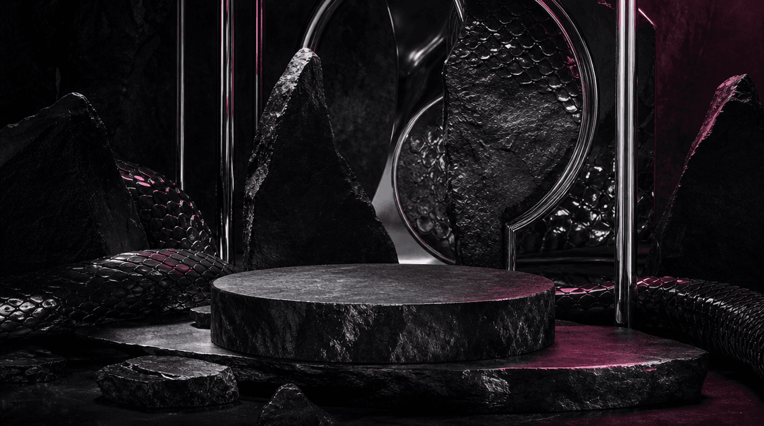 A surreal product photography set built from black stone, polished chrome, and shed serpent-scale textures, empty centra