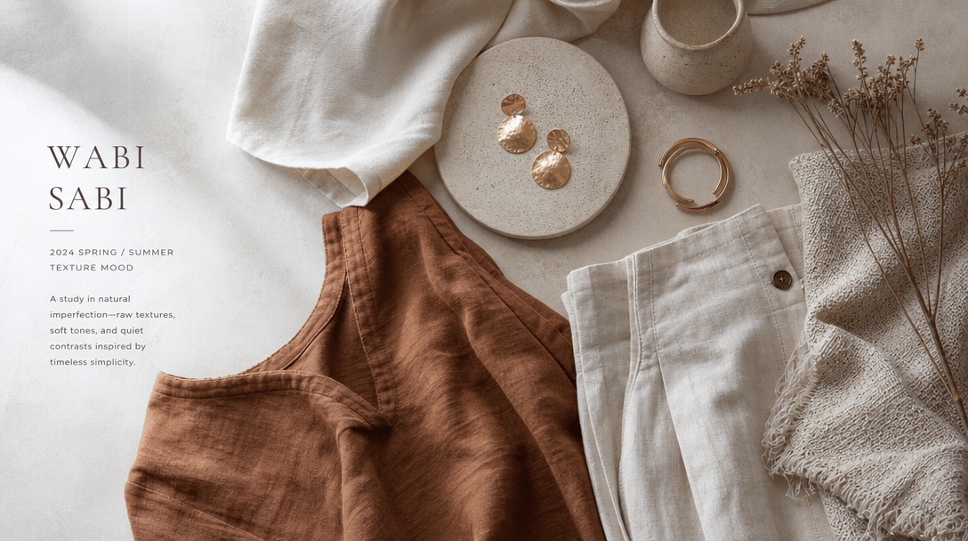 Fashion styling concept. Fabric textures, color palettes, fashion accessories arranged artfully. Soft natural light, min