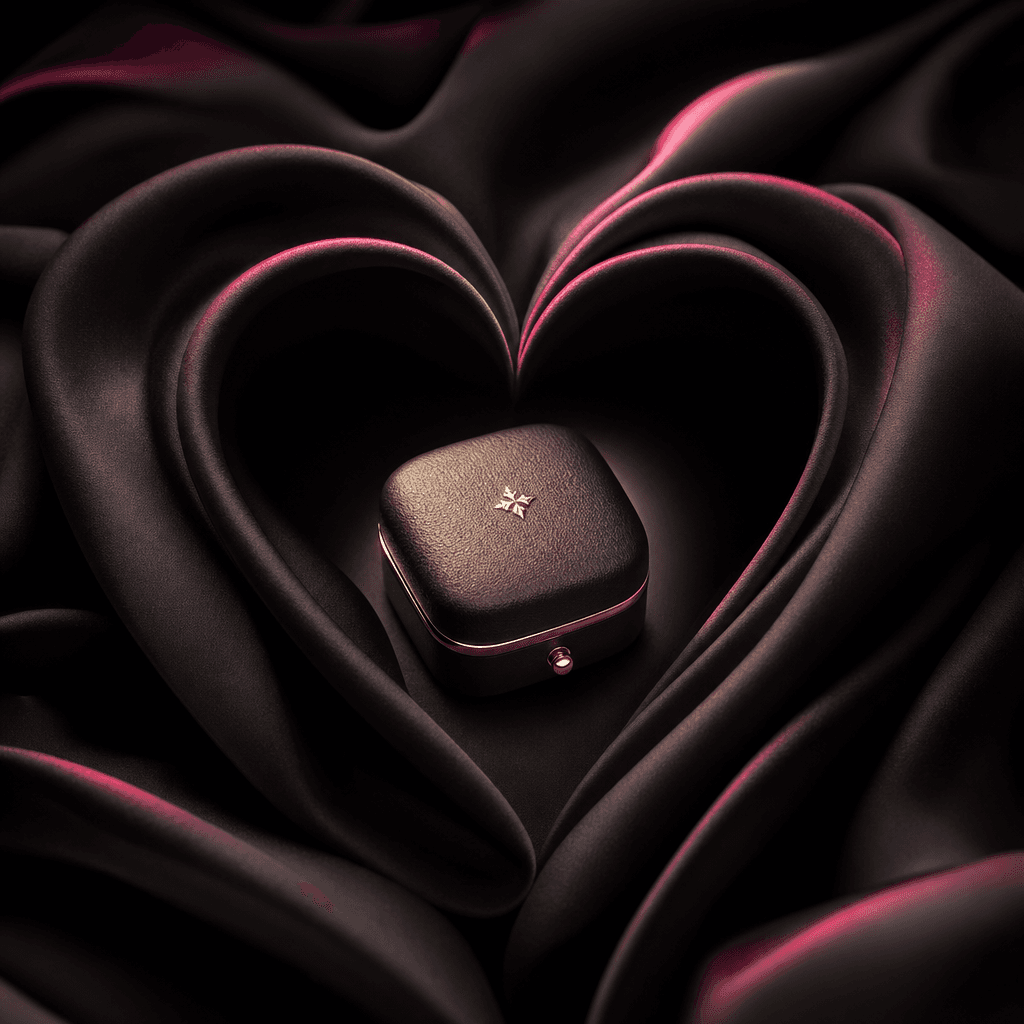 A compact jewelry box placed inside black silk drapery shaped like a dramatic heart, illuminated by narrow warm studio b