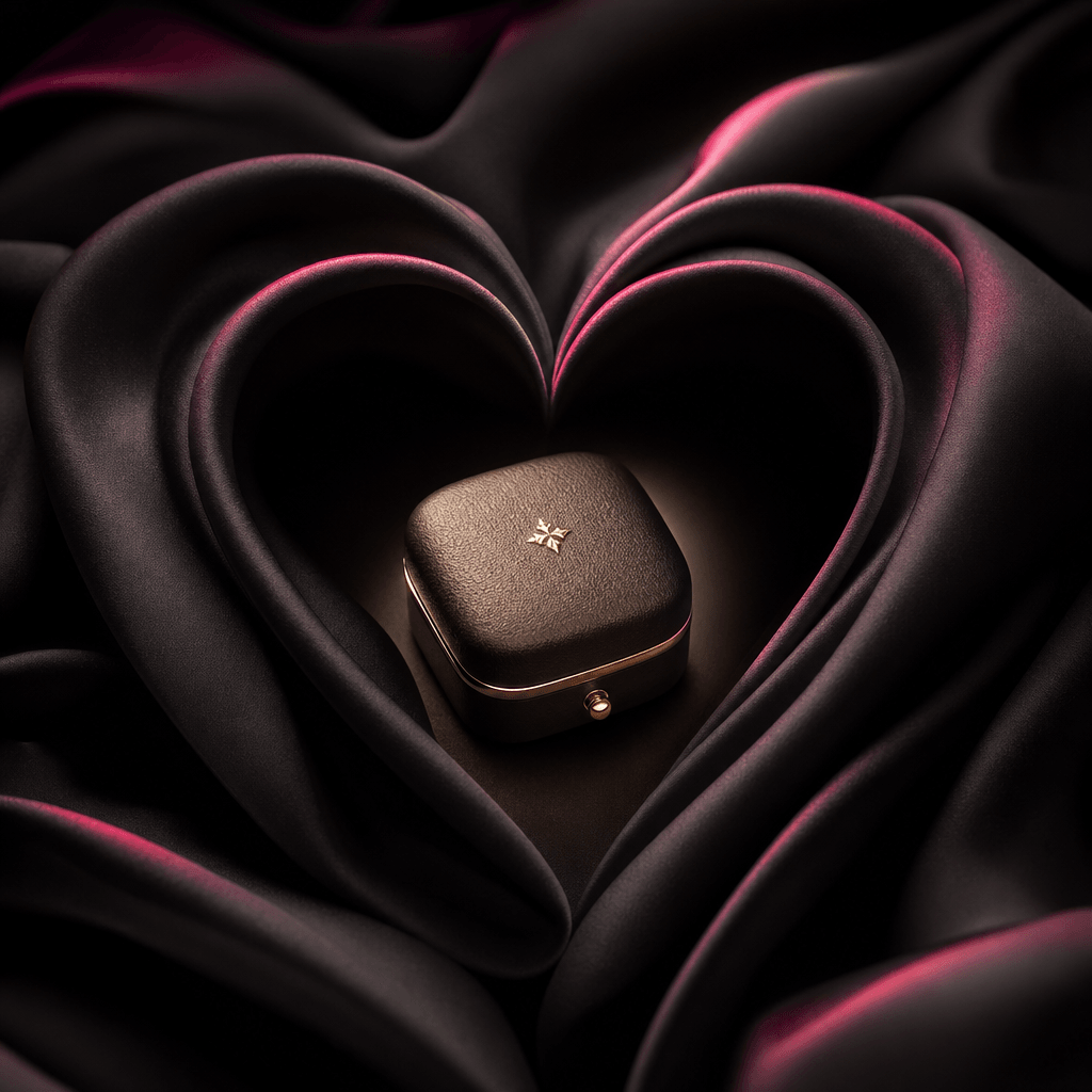 A compact jewelry box placed inside black silk drapery shaped like a dramatic heart, illuminated by narrow warm studio b