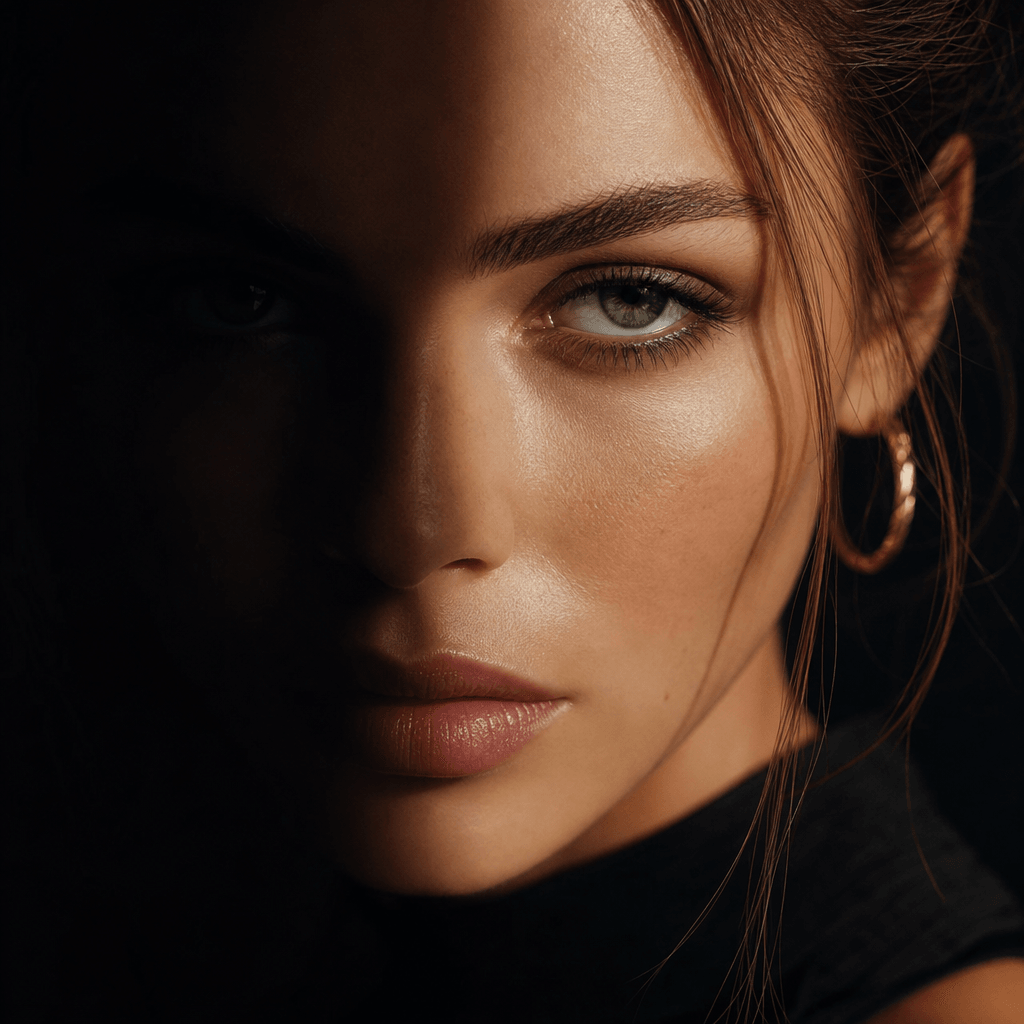 Close-up editorial portrait with butterfly lighting, deep shadow filling one side of the face, sharp focus on eye detail