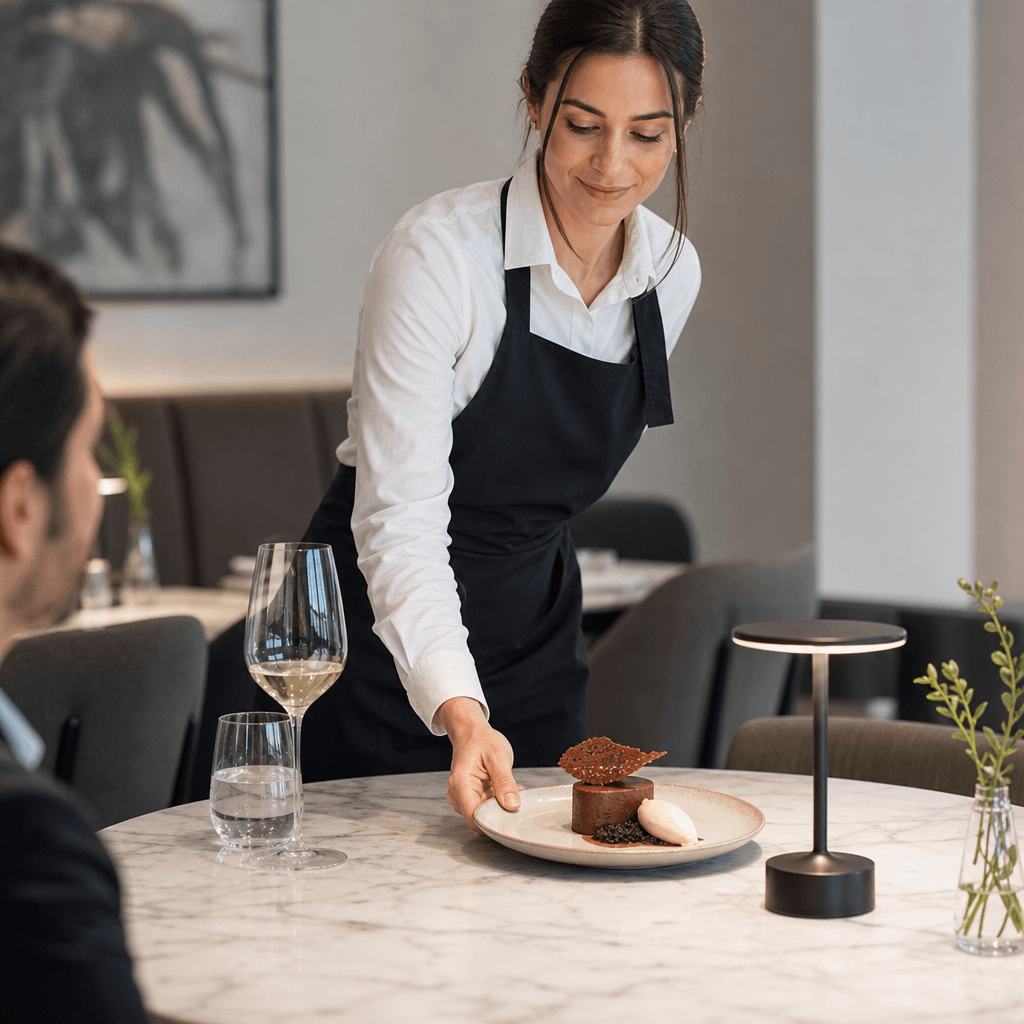 Server placing dessert on marble table in contemporary restaurant. Soft diffused lighting, minimalist plating, cool-neut