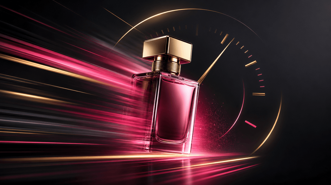 Sleek minimalist illustration: luxury product emerging from motion blur trails in center frame, surrounded by abstract c