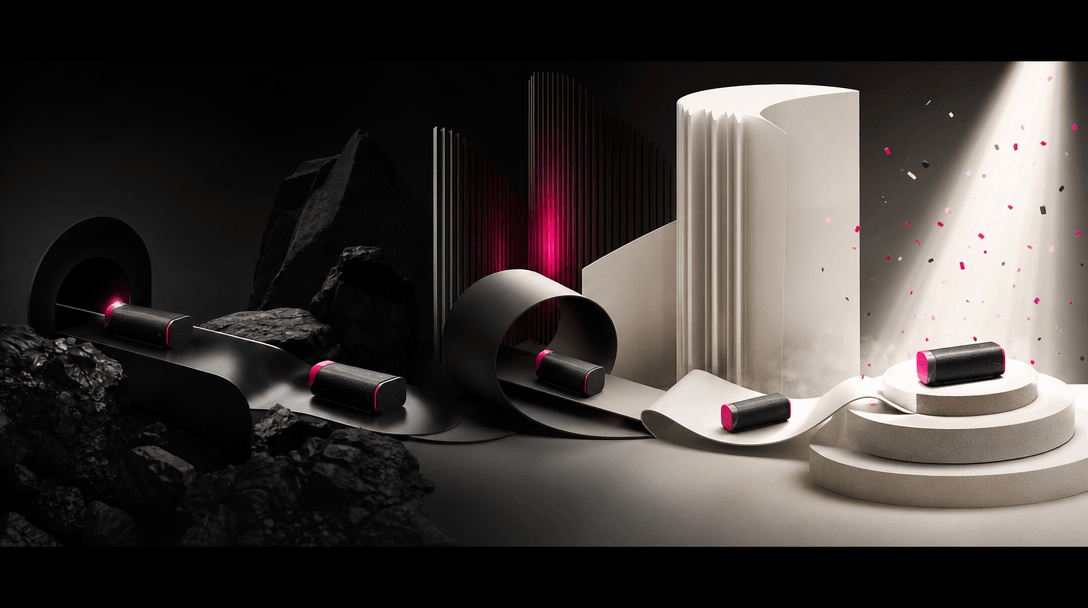 A premium product traveling through a sequence of sculptural campaign environments in one continuous panoramic scene, mo