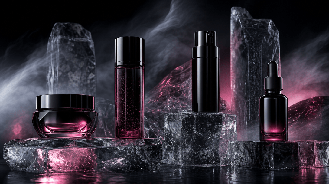 Four distinct unbranded beauty vessels arranged across one sculptural frozen set, each catching a different controlled l