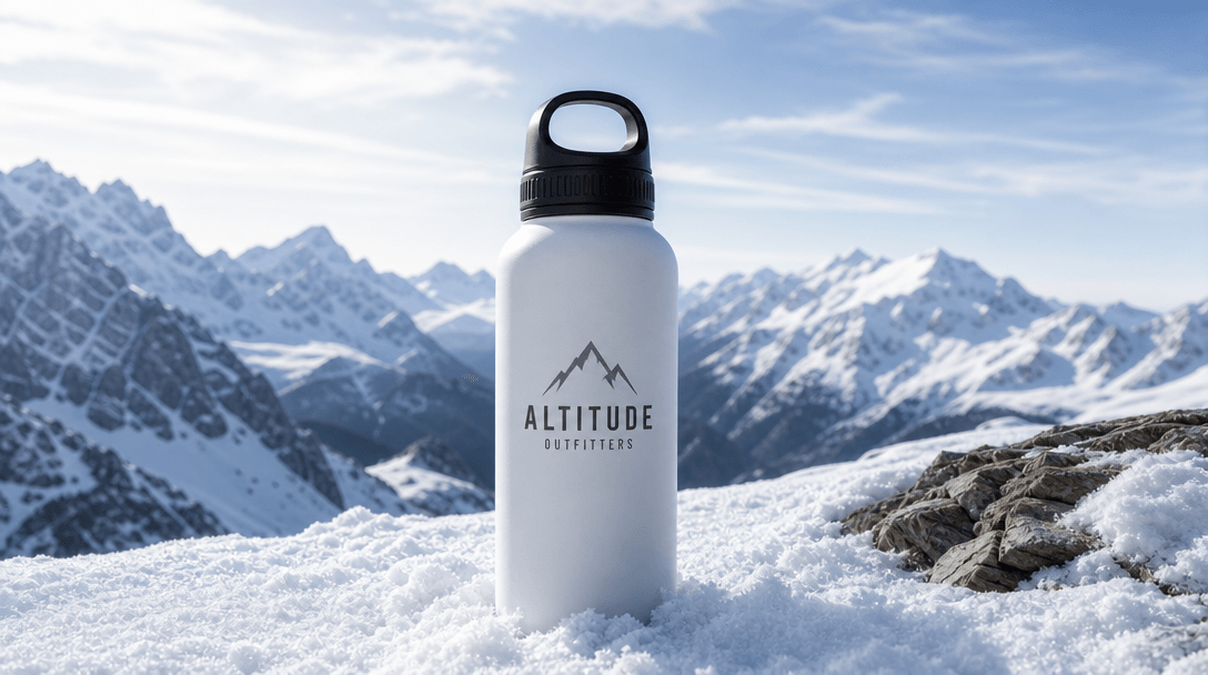 Professional product photography of snowy alpine landscape mockup with logo placement, studio-grade lighting, clean prof