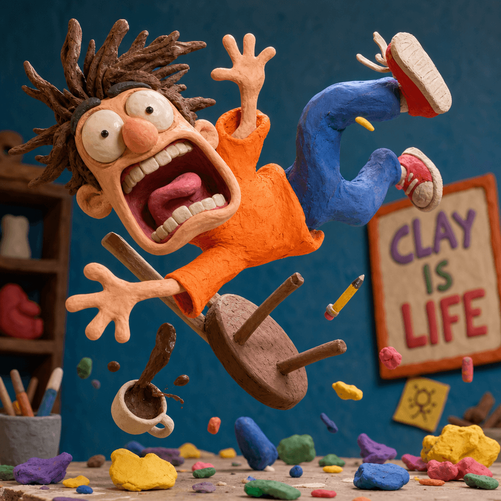 Clay figurine with wild exaggerated expression, impossible physics defying gravity, bright studio lighting, colorful cla