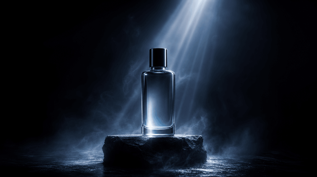 Abstract cinematic product image: a clean bottle silhouette surrounded by soft volumetric light rays cutting through dee