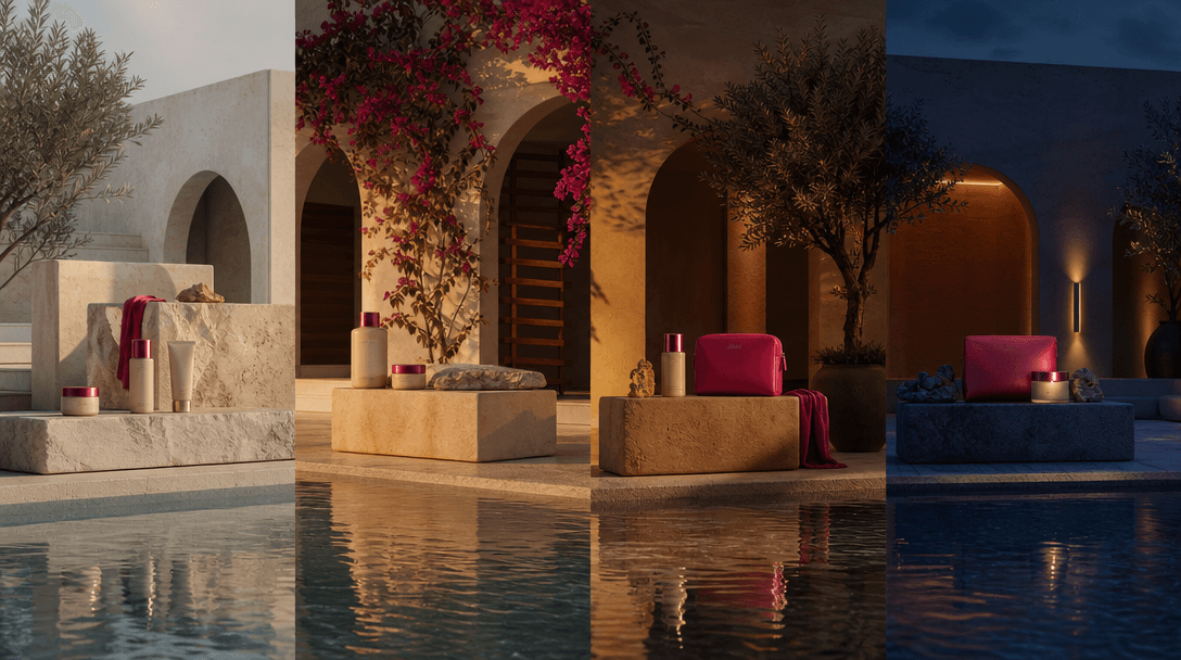 Four coordinated poolside product stages viewed in one wide architectural scene, shifting from morning light to golden a