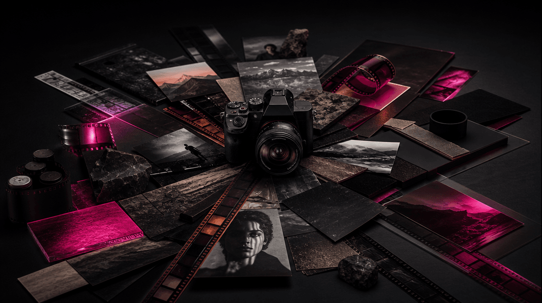 A hero product at the center of an expanding creative world: photographic prints, cinematic film frames, textured materi
