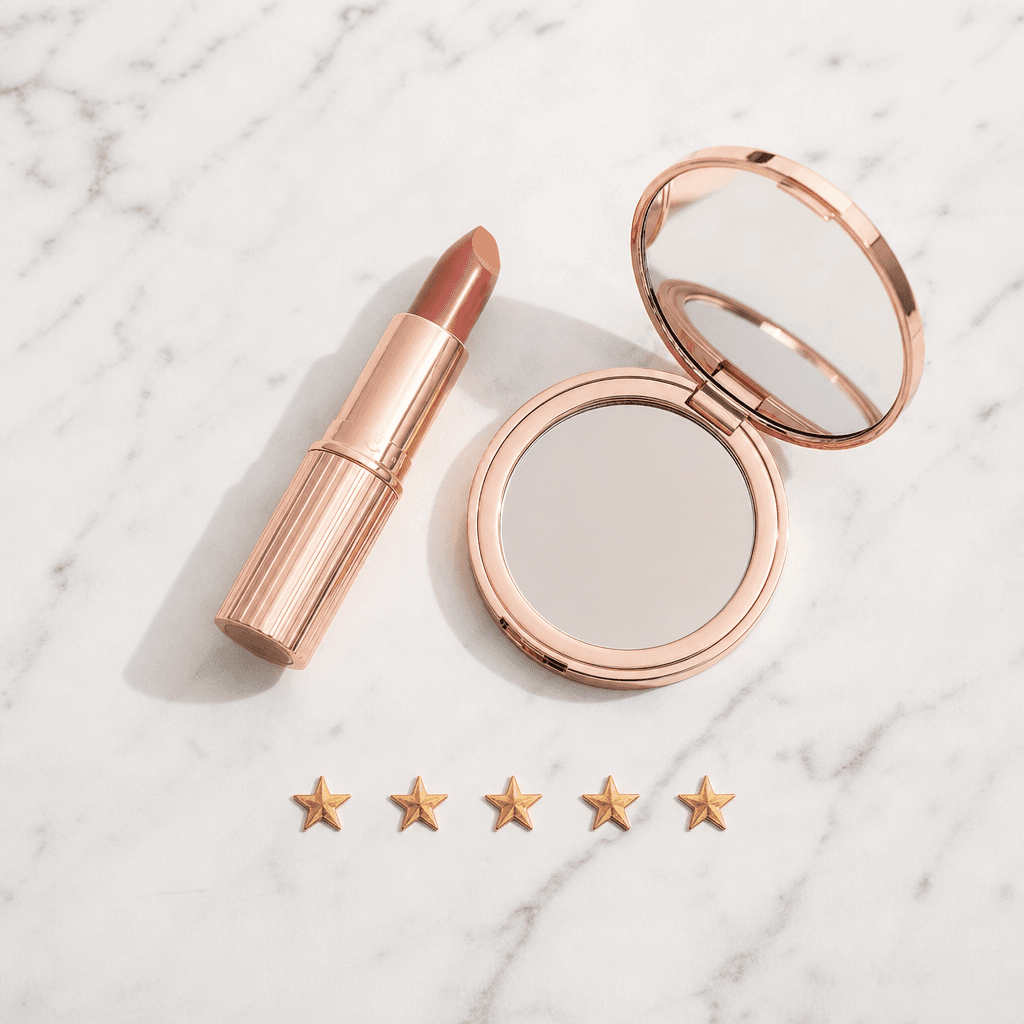 Minimalist beauty product flatlay: a rose-gold lipstick tube and compact mirror resting on white Carrara marble. Soft di