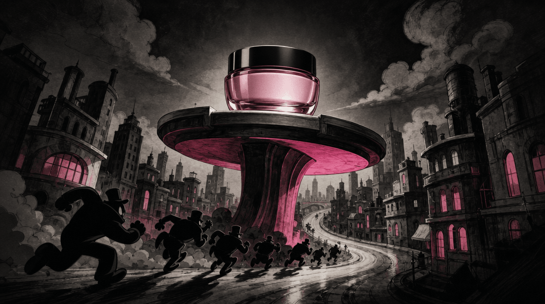 An unbranded product pedestal transforming into a bold rescue platform above a winding vintage-cartoon city street. The