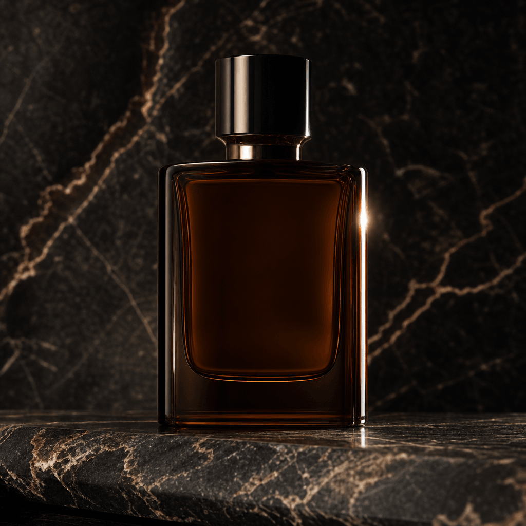 Luxury fragrance editorial: dark amber glass perfume bottle centered on a textured dark marble slab, controlled directio