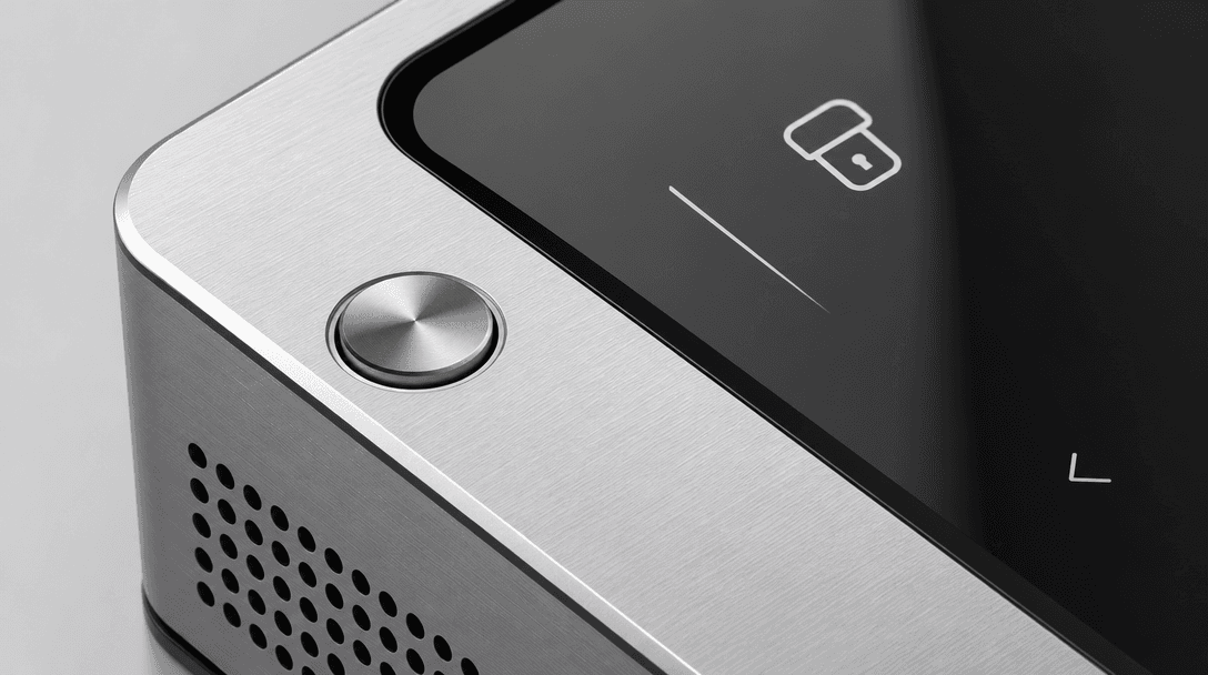Close-up isometric detail of product surface textures: brushed metal, glossy screen, minimal shadows with clean lighting