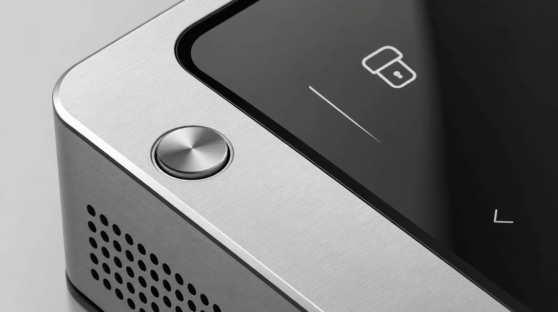 Close-up isometric detail of product surface textures: brushed metal, glossy screen, minimal shadows with clean lighting