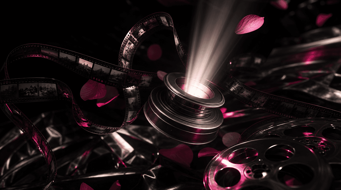 A refined arrangement of camera film strips, flower petals, reflective metal, and beams of light assembling themselves i
